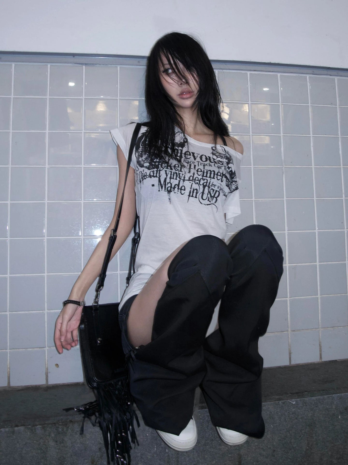 T-shirt imprimé lettres Y2K japonais Style Harajuku Grunge Goth vintage