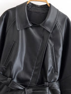 Black Faux Leather Trench Coat Belted Long Sleeve Lapel Vintage Motorcycle Jacket Outerwear