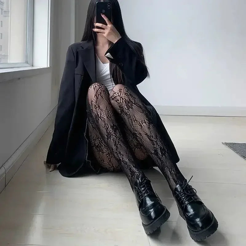 Women Sexy Black White Lolita Hollowed Lace Mesh Stockings Bottomed Pantyhose Japanese Goth Floral Rattan Hot Classic Tights