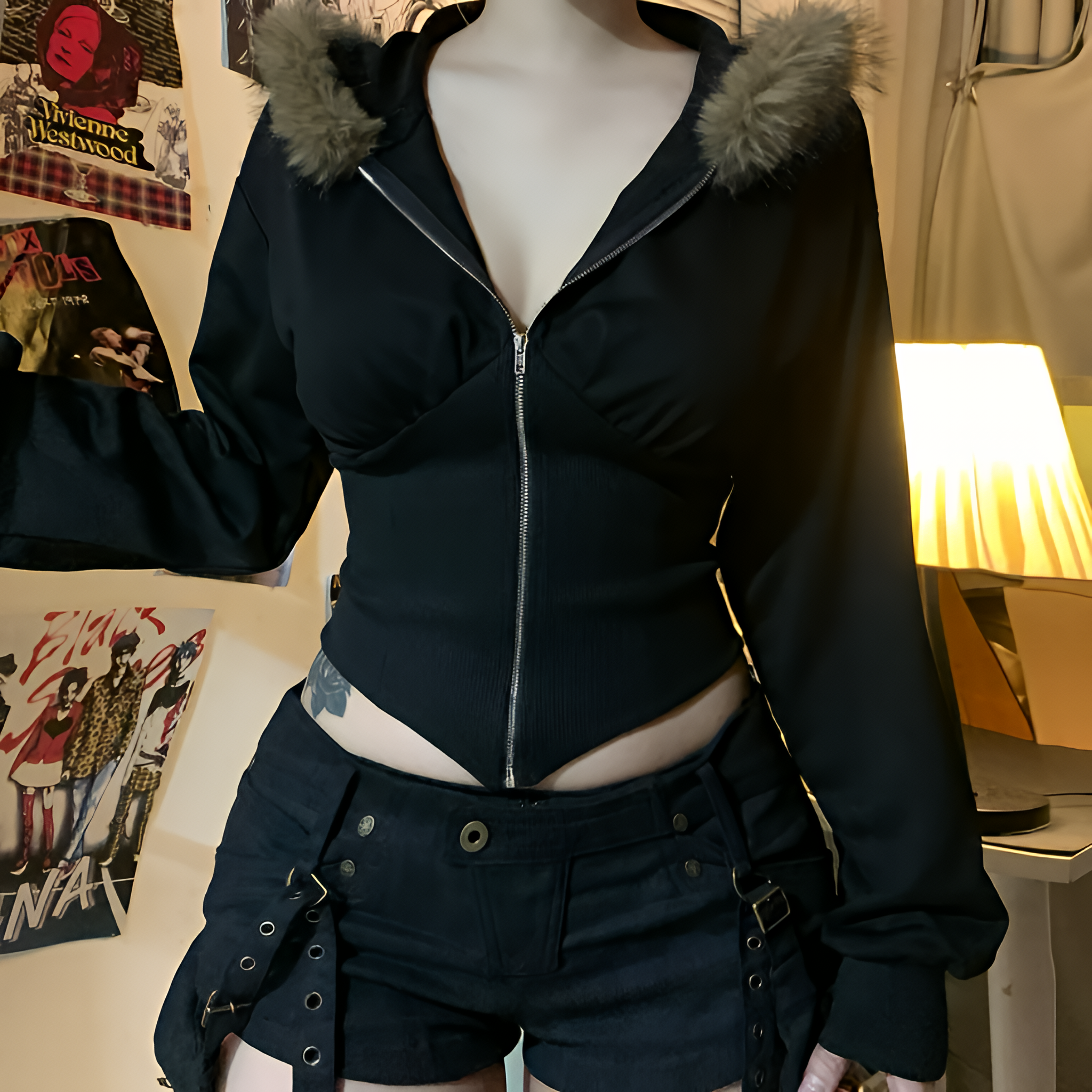 Women Gothic Faux Fur Hooded Coat Slim Fit Zip Jacket Autumn Winter Streetwear