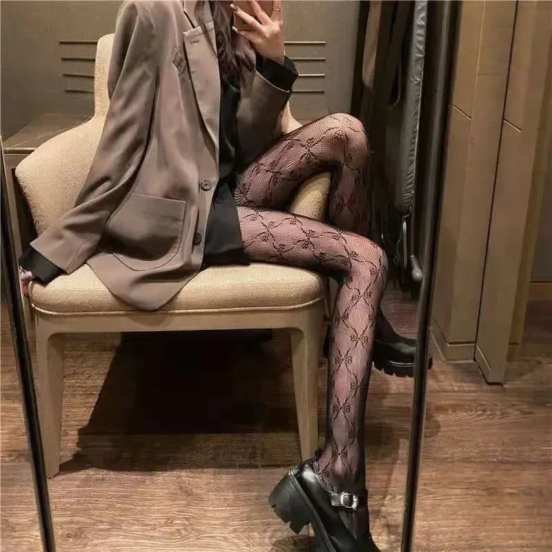 Women Sexy Black White Lolita Hollowed Lace Mesh Stockings Bottomed Pantyhose Japanese Goth Floral Rattan Hot Classic Tights