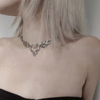 Y2K Flame Heart Pendant Necklace Punk Silver Tone