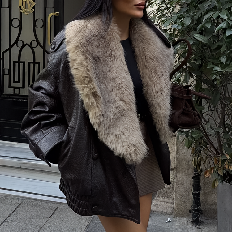 Oversized Faux Leather Jacket Removable Fur Collar Double Breasted Winter Coat