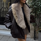 Oversized Faux Leather Jacket Removable Fur Collar Double Breasted Winter Coat