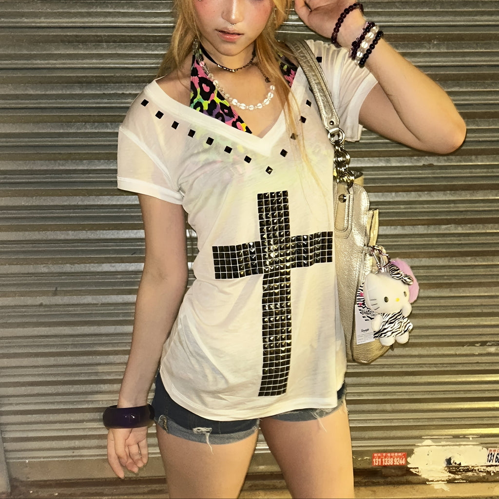 Metal Cross Graphic T-Shirt Vintage Harajuku V-Neck Grunge Top