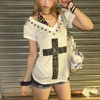 Metal Cross Graphic T-Shirt Vintage Harajuku V-Neck Grunge Top