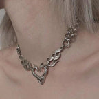 Y2K Flame Heart Pendant Necklace Punk Silver Tone