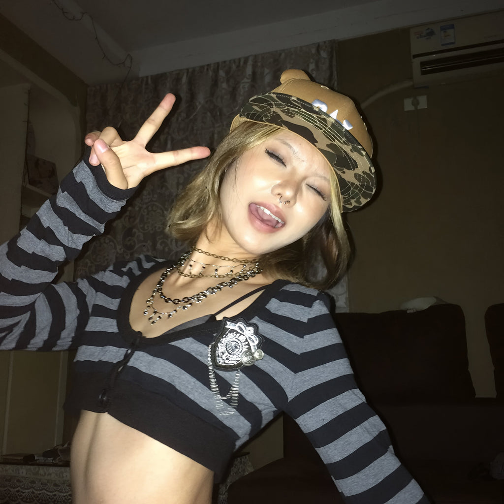 Retro Harajuku Striped T-Shirt Long Sleeve Crop-Top