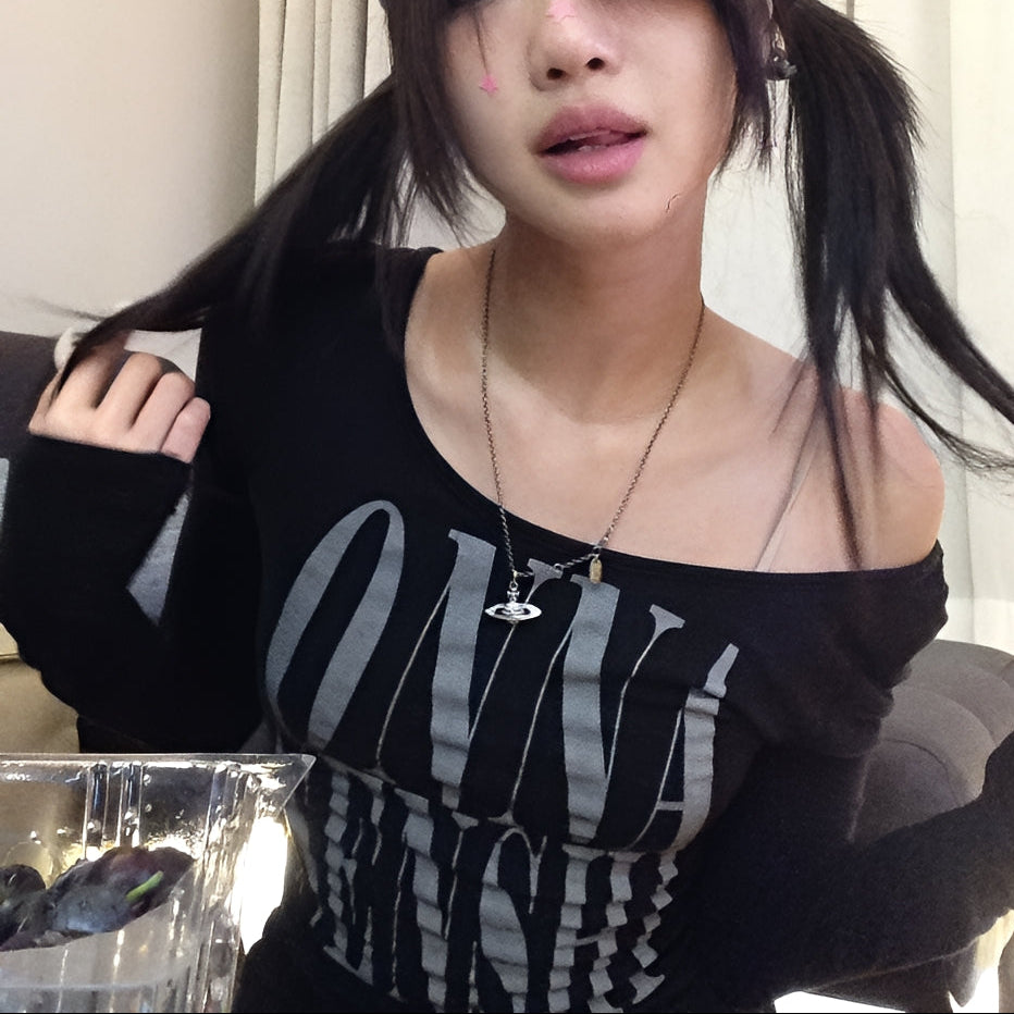 Grunge Letter Print Crop Top Y2K Long Sleeve Gothic Punk T Shirt