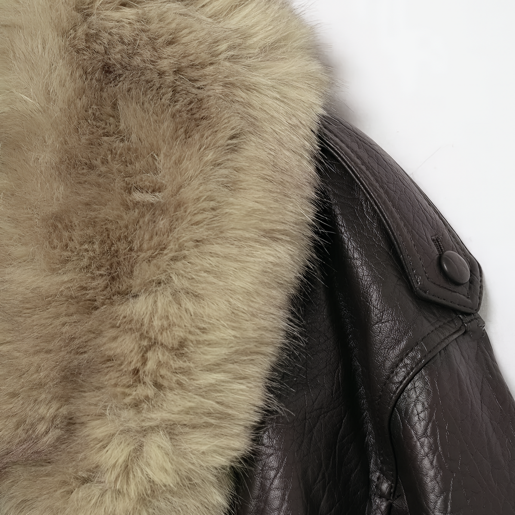 Oversized Faux Leather Jacket Removable Fur Collar Double Breasted Winter Coat