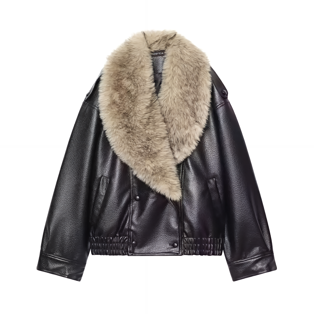 Oversized Faux Leather Jacket Removable Fur Collar Double Breasted Winter Coat