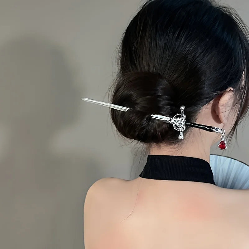 Creative Sword-Shaped Ruby Hairpin, Retro Chinese Style, Perfect For Women Who Enjoy Traditional Chinese Culture And Hanfu.