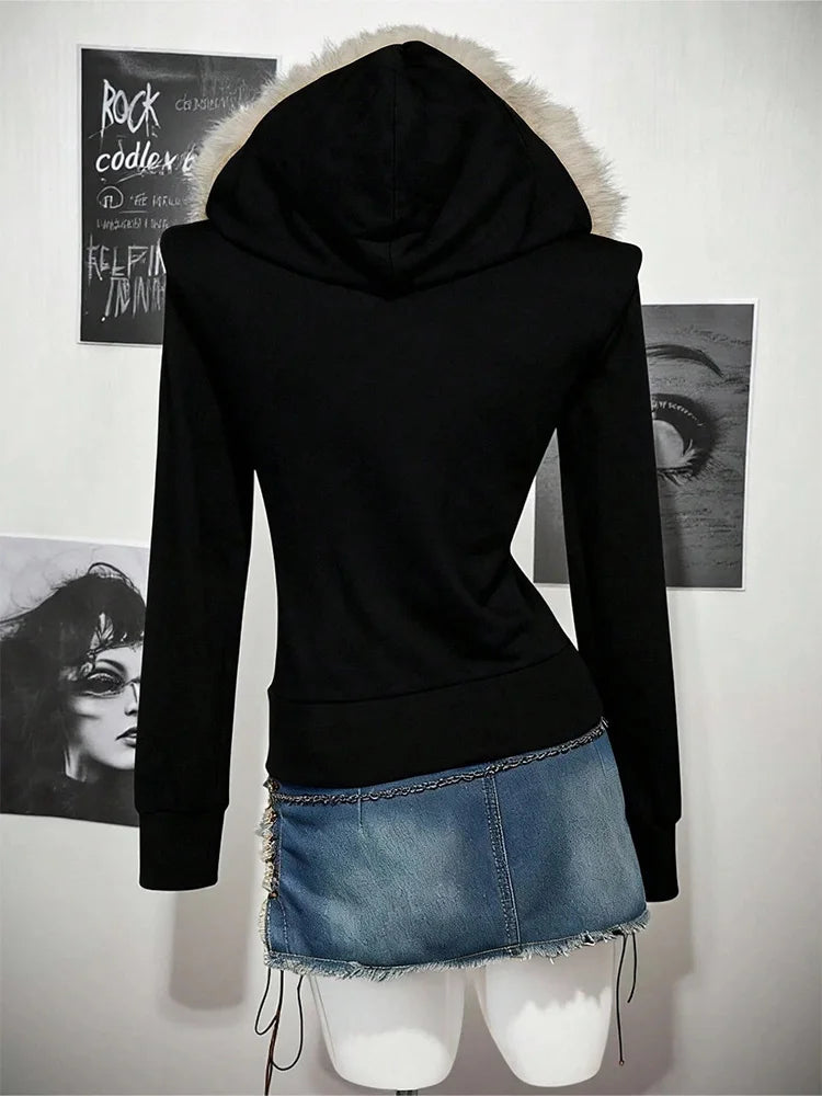 Y2K Gothic Harajuku Slim Hoodie with Fur Collar