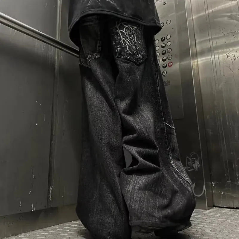 Jeans Baggy Unisexe Y2K Broderie Gothique Araignée Streetwear Denim
