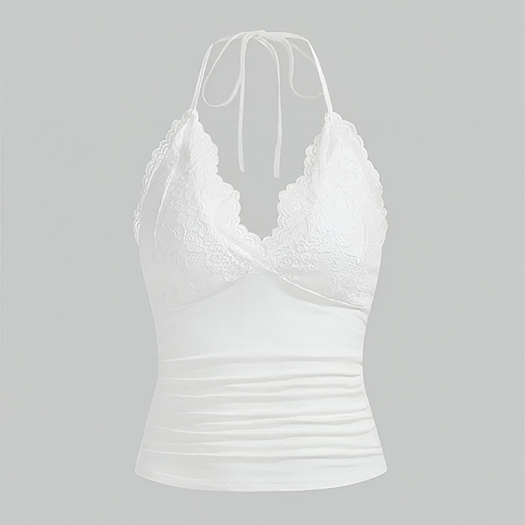 Débardeur Femme Gothique en Dentelle Patchwork Col Halter Froncé Dos Nu sans Manches