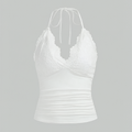 Débardeur Femme Gothique en Dentelle Patchwork Col Halter Froncé Dos Nu sans Manches