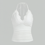 Débardeur Femme Gothique en Dentelle Patchwork Col Halter Froncé Dos Nu sans Manches