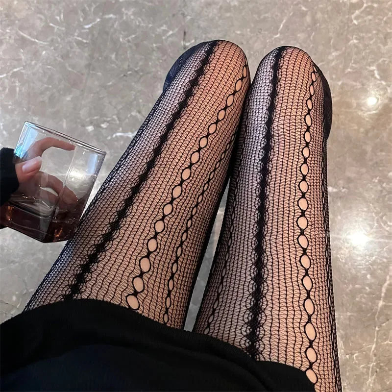 Women's Chain Hollowed-out Tights Black Sexy See Through Jacquard American Retro Style Mesh Breathable Lace Fishnet Pantyhose
