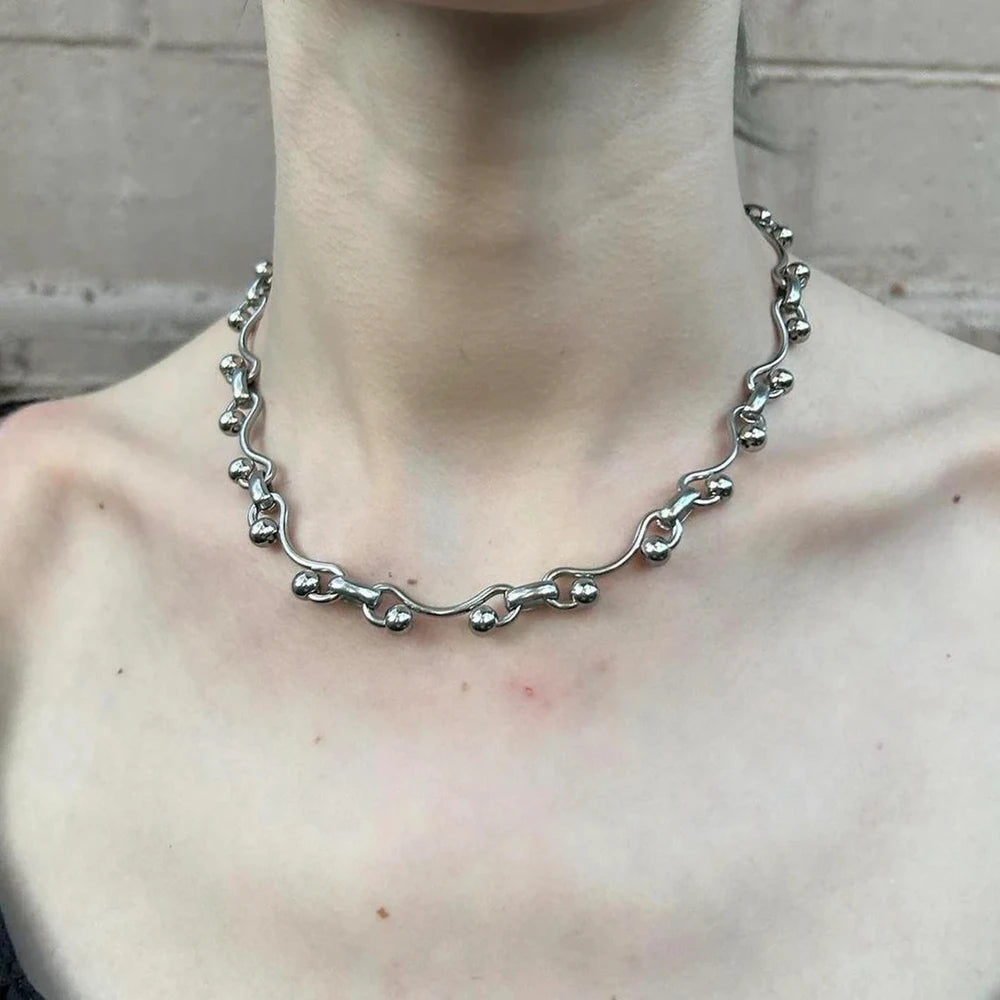 Unisex Stainless Steel Wave Ball Chain Necklace Punk Grunge Fashion Jewelry