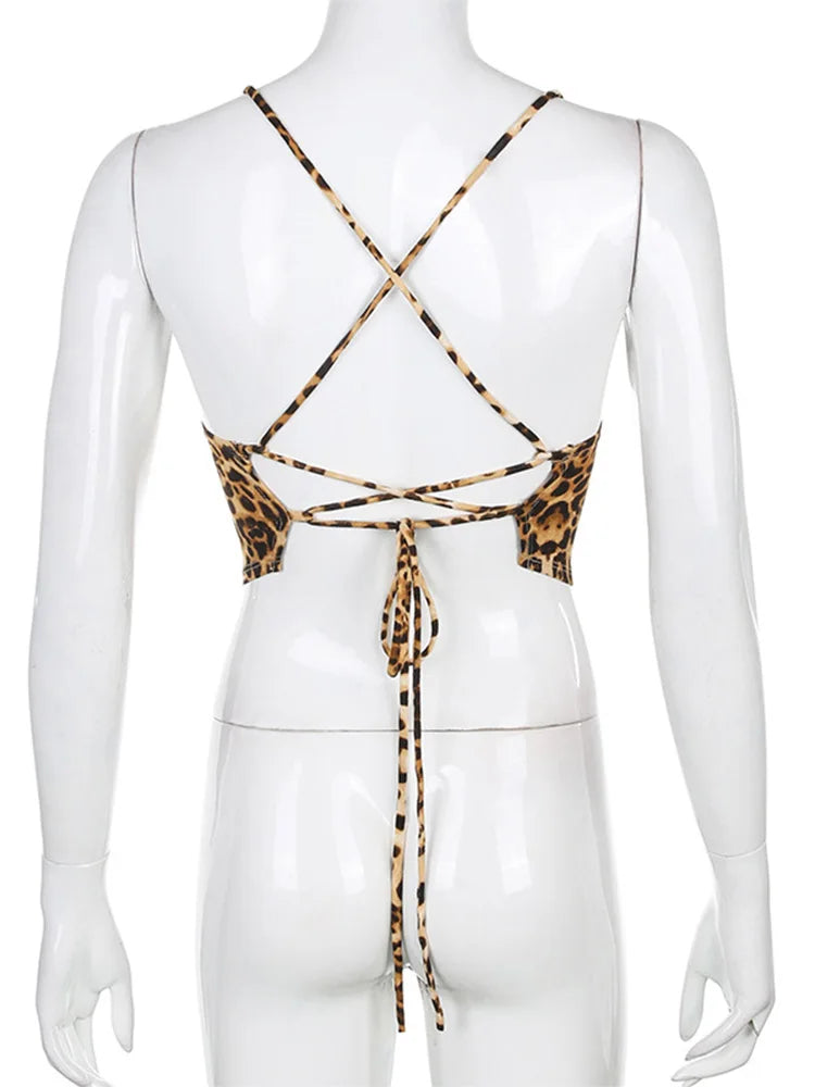 Débardeurs Imprimé Léopard Dos Nu à Lacets Bralette Crop Top