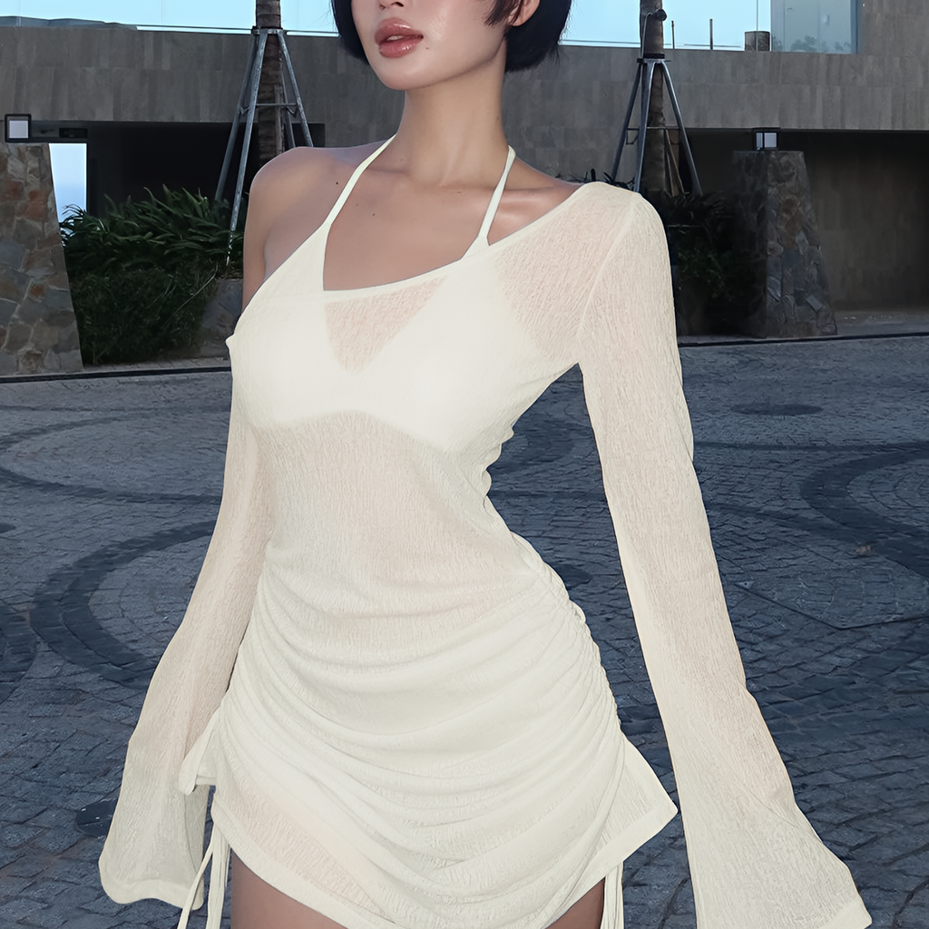 Robe courte transparente froncée à col oblique avec lacets et cordon de serrage pour l'été et les soirées