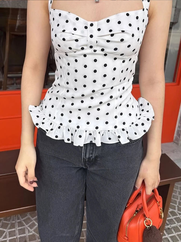 Nibber Polka Dot Print Tops Women Halter Low-Neck Bandage Ruffles Backless Sleeveless Skinny Fashion Street Versatile Vest