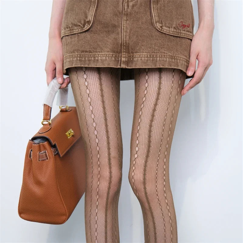 Women's Chain Hollowed-out Tights Black Sexy See Through Jacquard American Retro Style Mesh Breathable Lace Fishnet Pantyhose