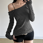 T-shirt Rayé Manches Longues Coupe Ajustée Style Urbain Coréen Haut Printemps Automne