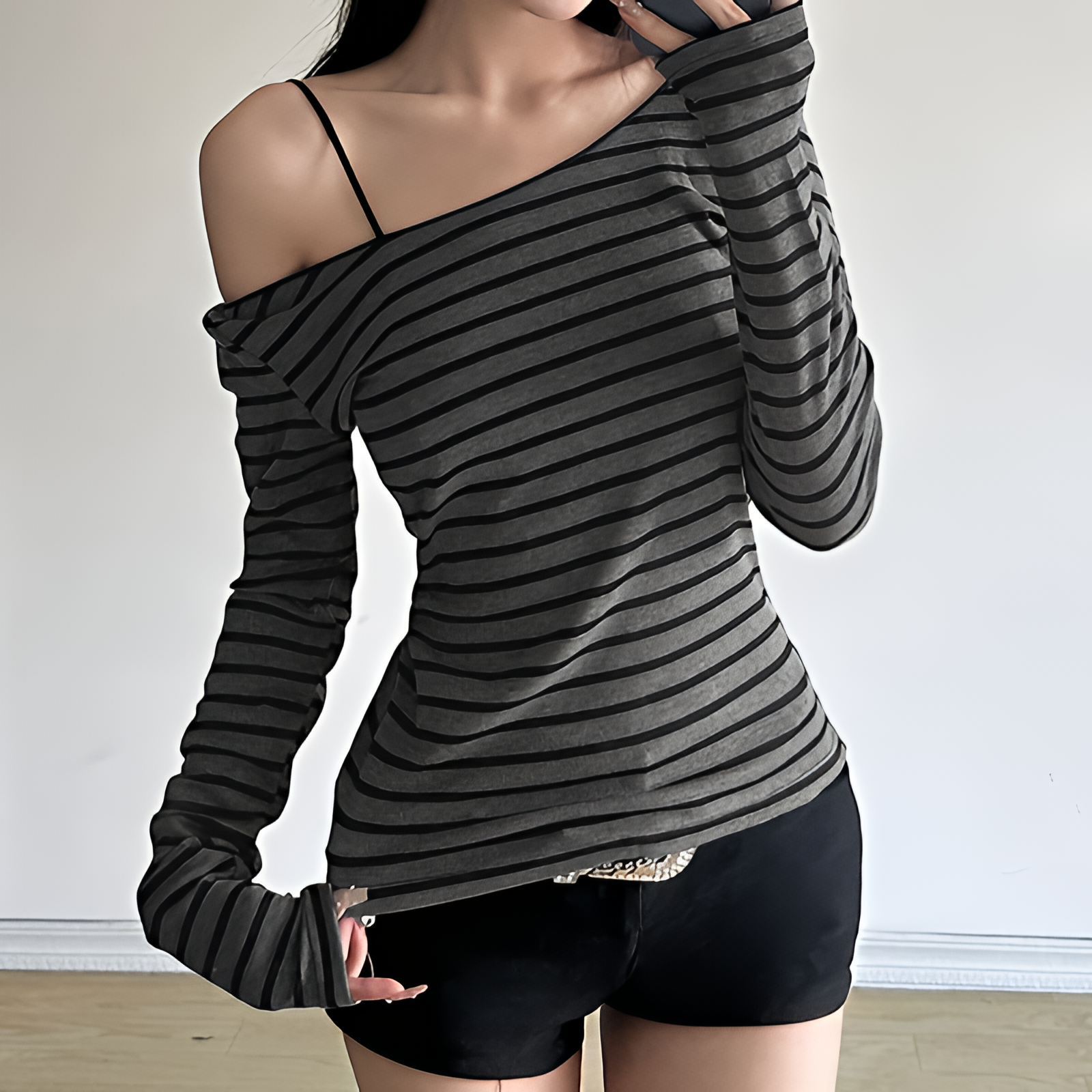 Striped Long Sleeve T-Shirt Slim Fit Korean Street Style Spring Fall Top