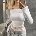 Slash Neck Long Sleeve Crop Top Slim Fit Cotton T Shirt
