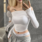 Slash Neck Long Sleeve Crop Top Slim Fit Cotton T Shirt