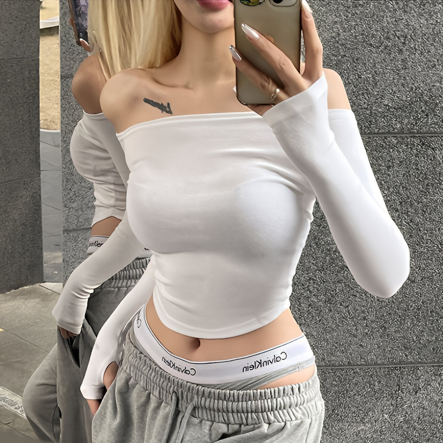 Slash Neck Long Sleeve Crop Top Slim Fit Cotton T Shirt