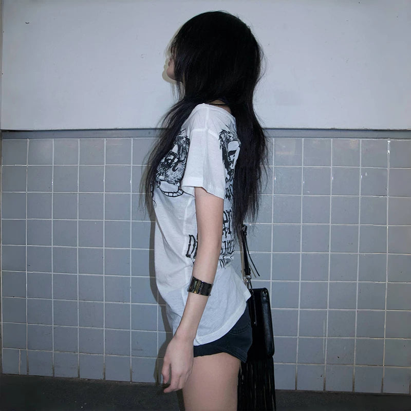 T-shirt imprimé lettres Y2K japonais Style Harajuku Grunge Goth vintage