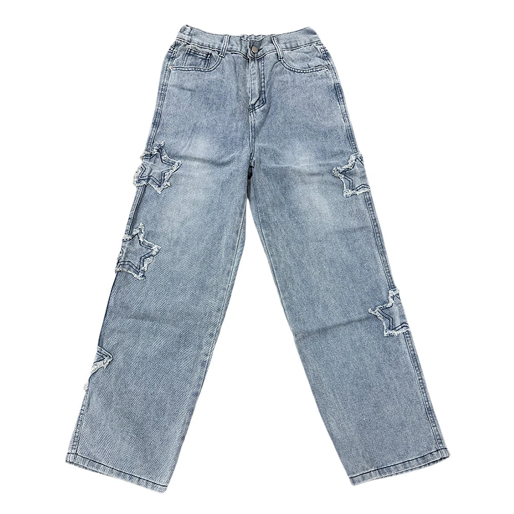 Gothic Star Embroidery Wide-Leg Men’s Streetwear Denim