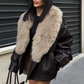 Oversized Faux Leather Jacket Removable Fur Collar Double Breasted Winter Coat