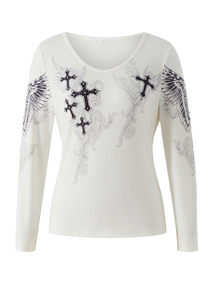 Grunge Cross Wings Graphic Long Sleeve T-Shirt Harajuku Punk Streetwear