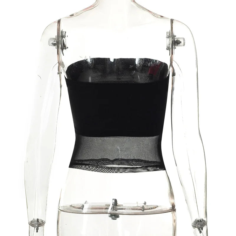 Black Slim Streetwear Mesh Corset Strapless Crop Top