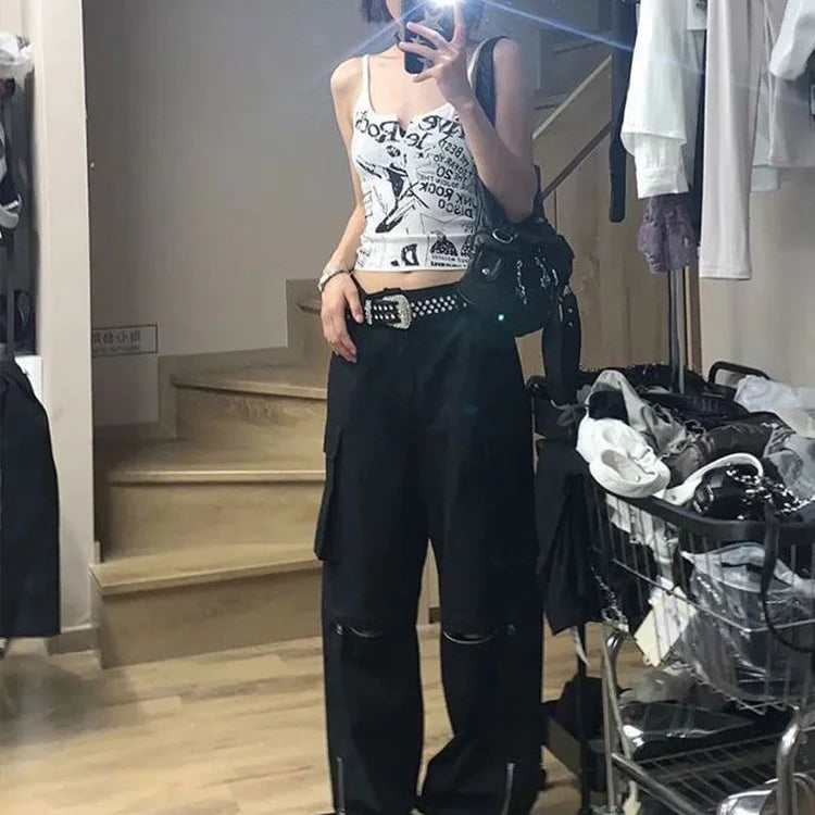 Punk Print Tank Top Women Ribbed Knit Sleeveless Crop Top Summer Grunge