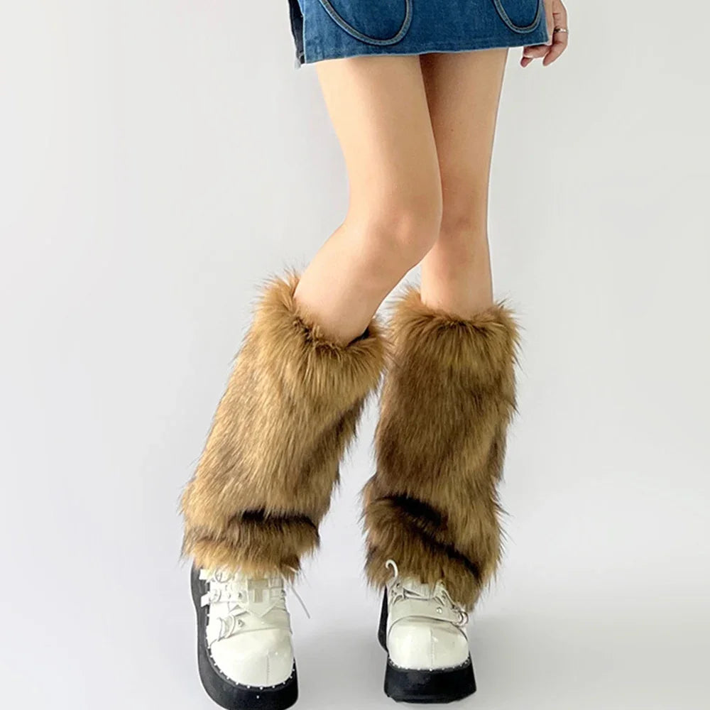Cache-jambes en fausse fourrure Hot Girl Harajuku Hiver Chaud Couvre-bottes moelleux Chaussettes Femme JK Punk Hiphop