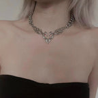 Y2K Flame Heart Pendant Necklace Punk Silver Tone