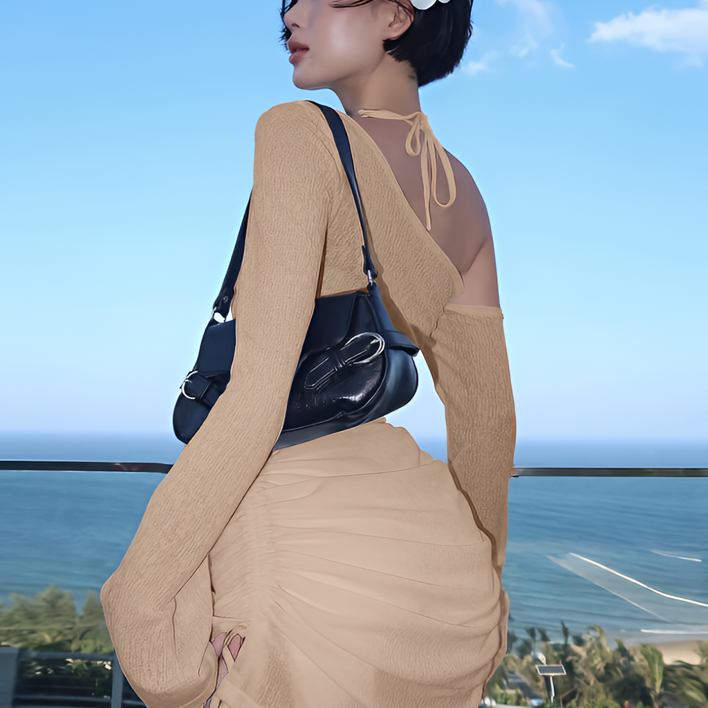 Robe courte transparente froncée à col oblique avec lacets et cordon de serrage pour l'été et les soirées