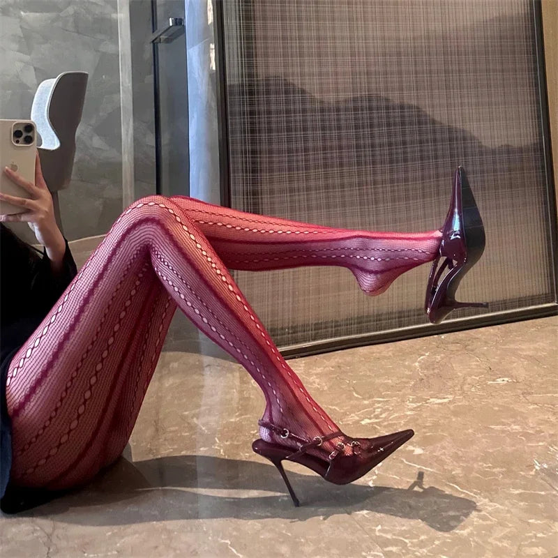 Women's Chain Hollowed-out Tights Black Sexy See Through Jacquard American Retro Style Mesh Breathable Lace Fishnet Pantyhose