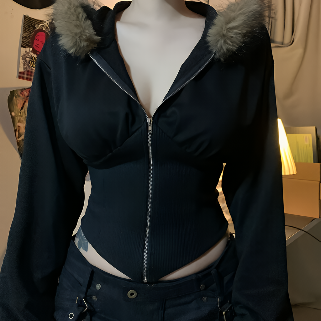 Women Gothic Faux Fur Hooded Coat Slim Fit Zip Jacket Autumn Winter Streetwear