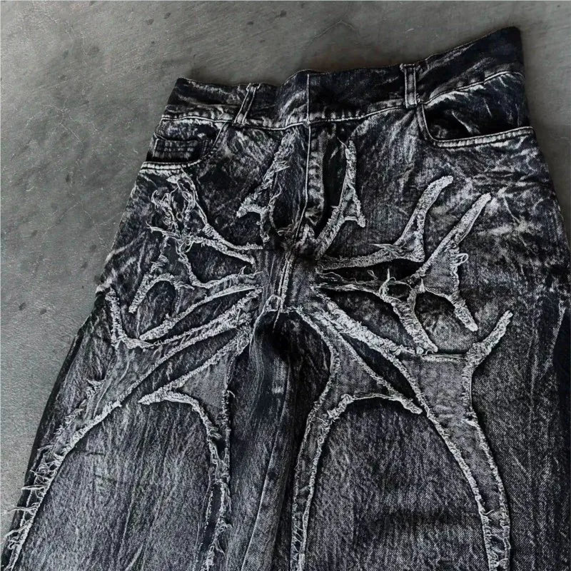 Jeans Baggy Unisexe Y2K Broderie Gothique Araignée Streetwear Denim