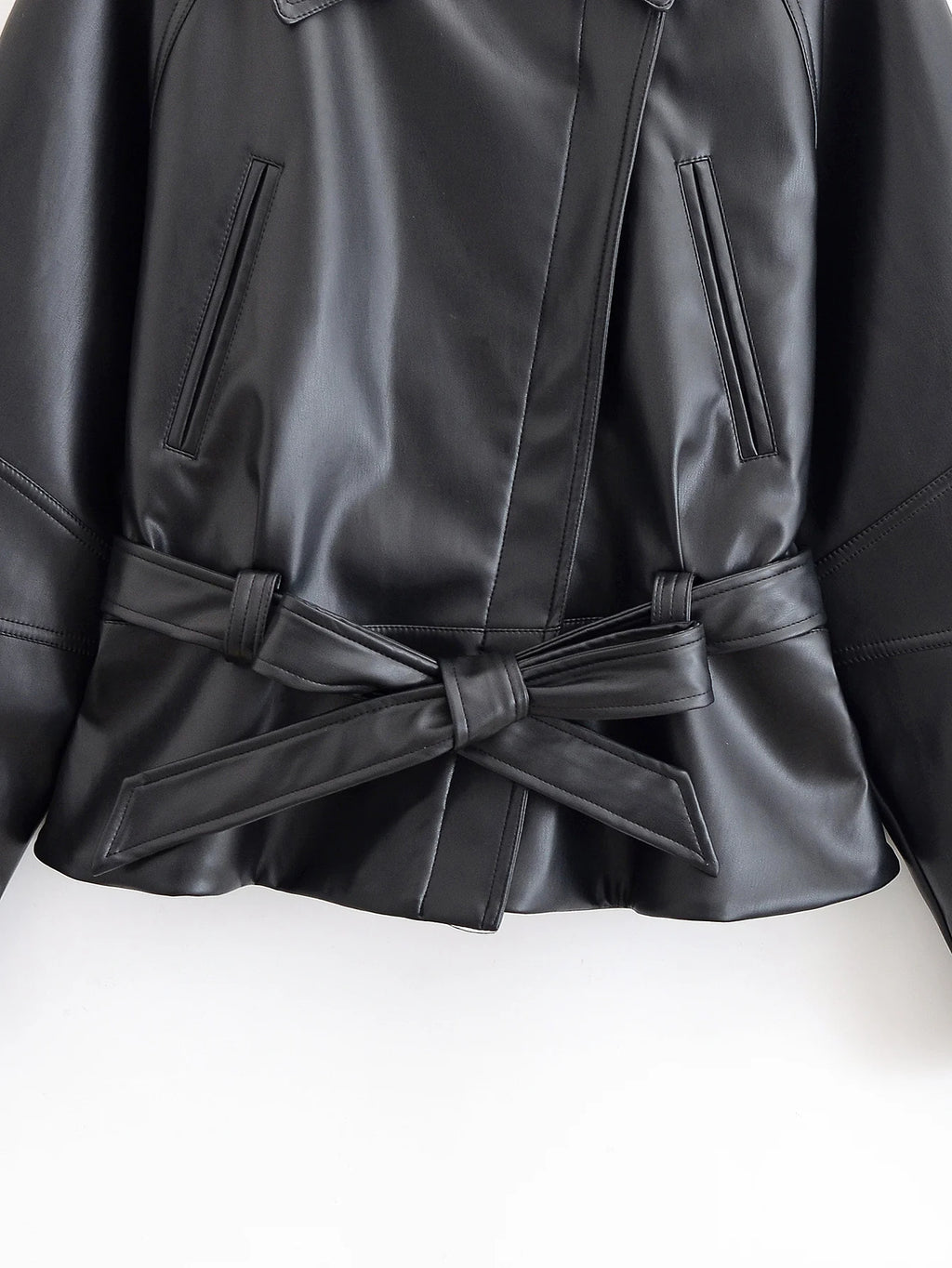 Black Faux Leather Trench Coat Belted Long Sleeve Lapel Vintage Motorcycle Jacket Outerwear