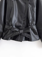 Black Faux Leather Trench Coat Belted Long Sleeve Lapel Vintage Motorcycle Jacket Outerwear