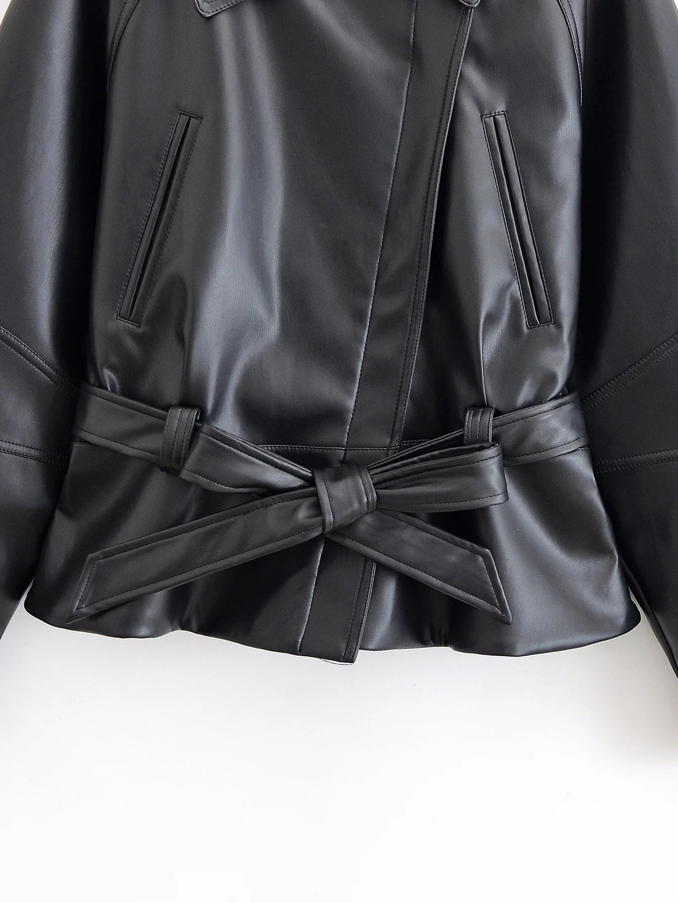 Black Faux Leather Trench Coat Belted Long Sleeve Lapel Vintage Motorcycle Jacket Outerwear