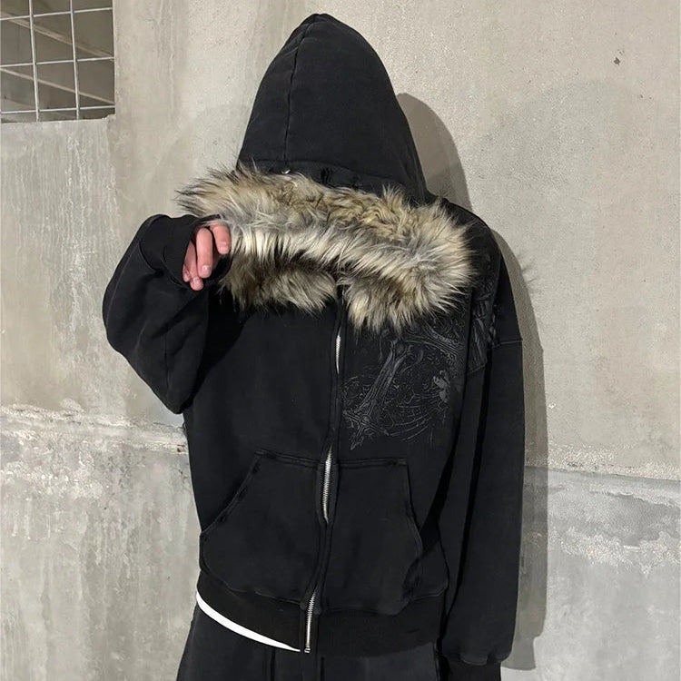 Sweat à capuche zippé Y2K Harajuku avec col en fausse fourrure