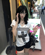 Metal Cross Graphic T-Shirt Vintage Harajuku V-Neck Grunge Top