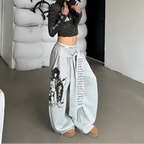 Women Gothic Y2K Letter Print Baggy Sweatpants Gray Wide Leg Harajuku Vintage Trousers